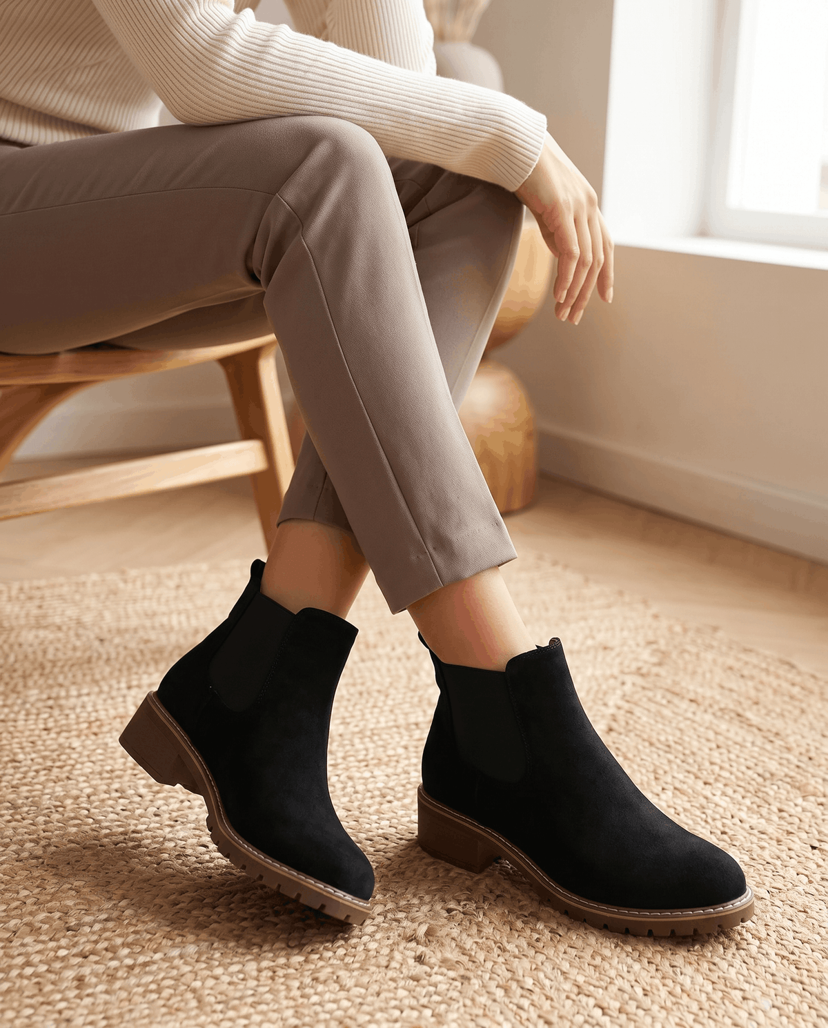 Black vegan suede Chelsea boots with elastic side panels, a stacked block heel, and a durable lug outsole.