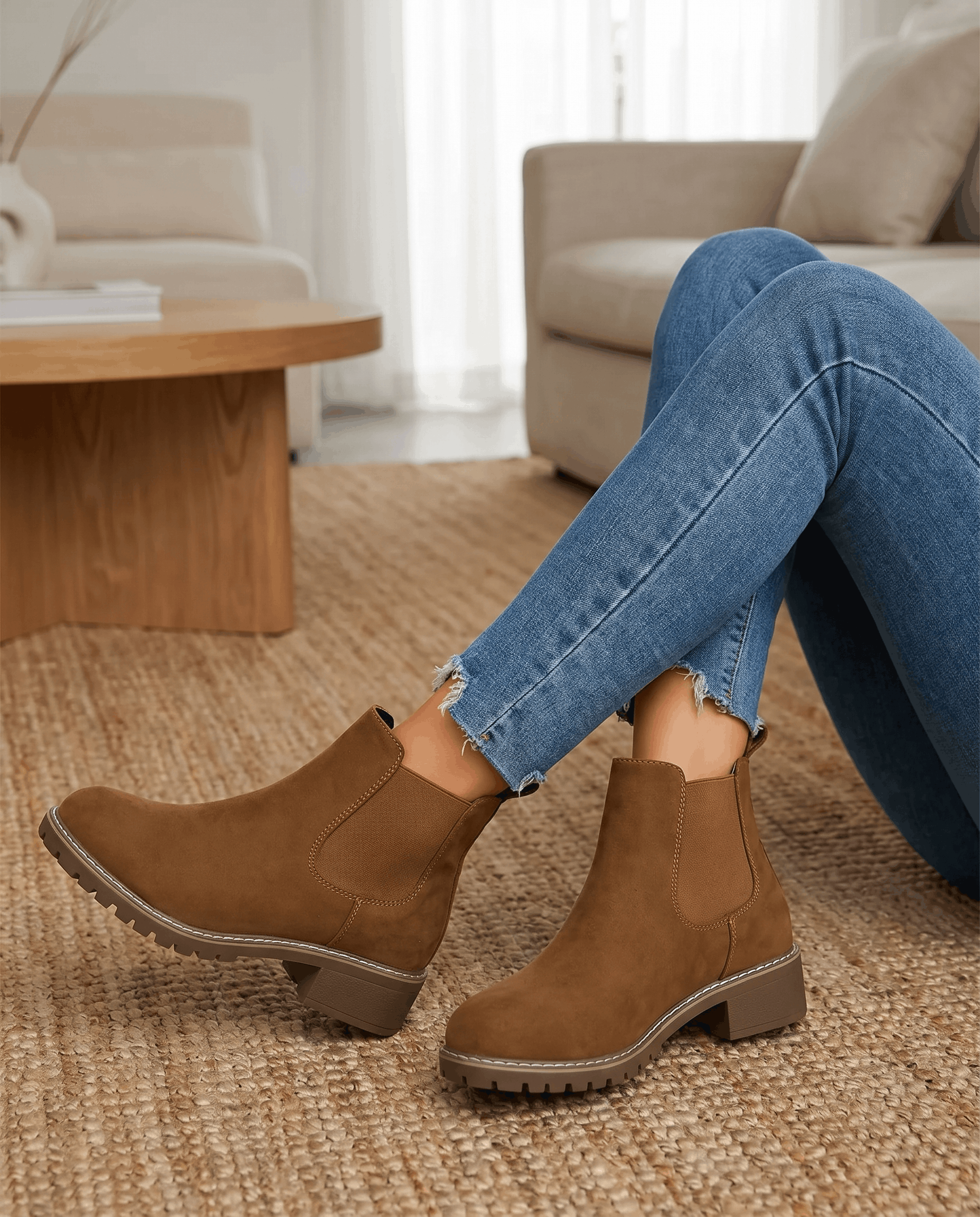 Brown vegan suede Chelsea boots with elastic side panels, a stacked block heel, and a durable lug outsole.