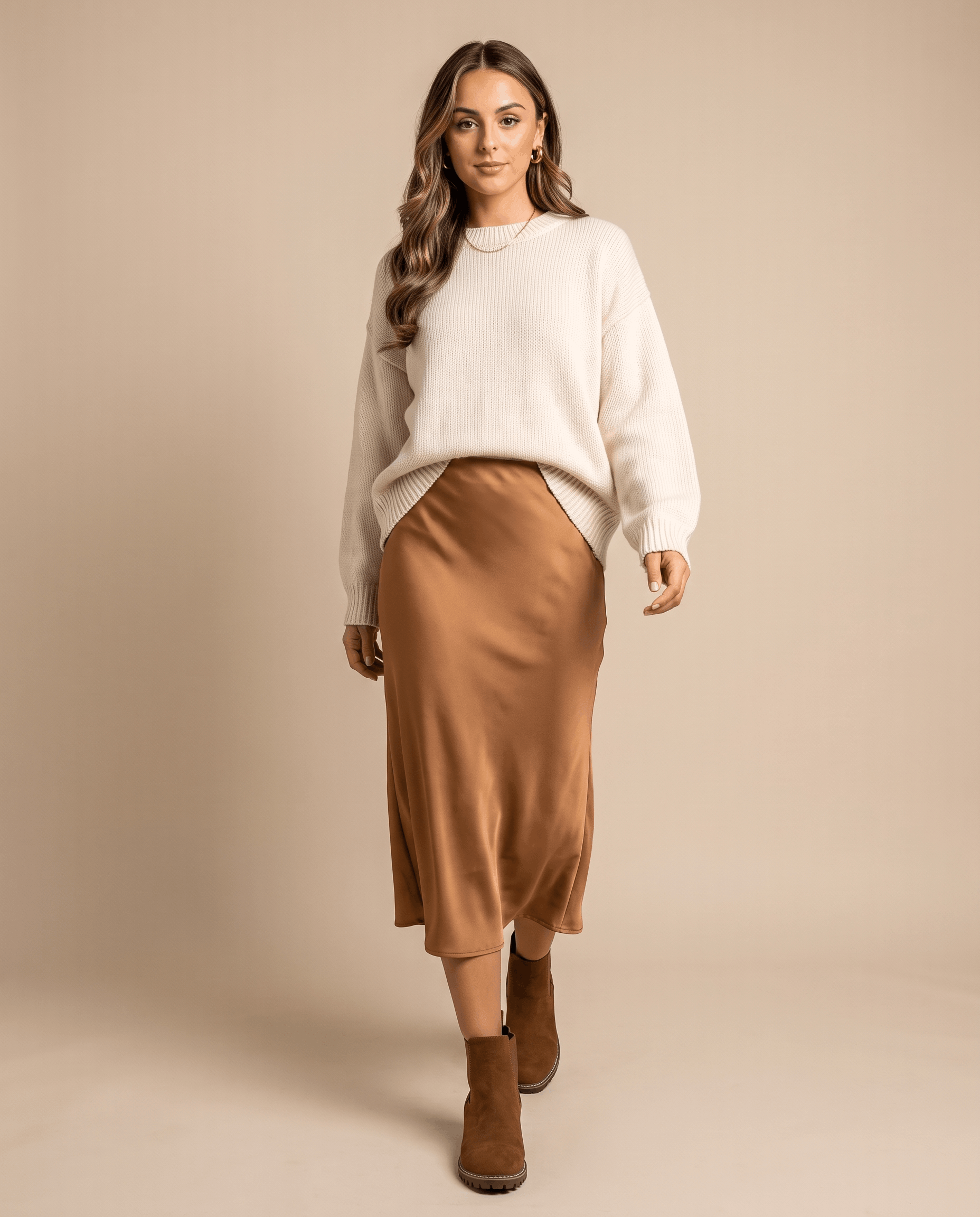 Brown vegan suede Chelsea boots with a block heel, lug outsole, and elastic side panels worn with a satin midi skirt.