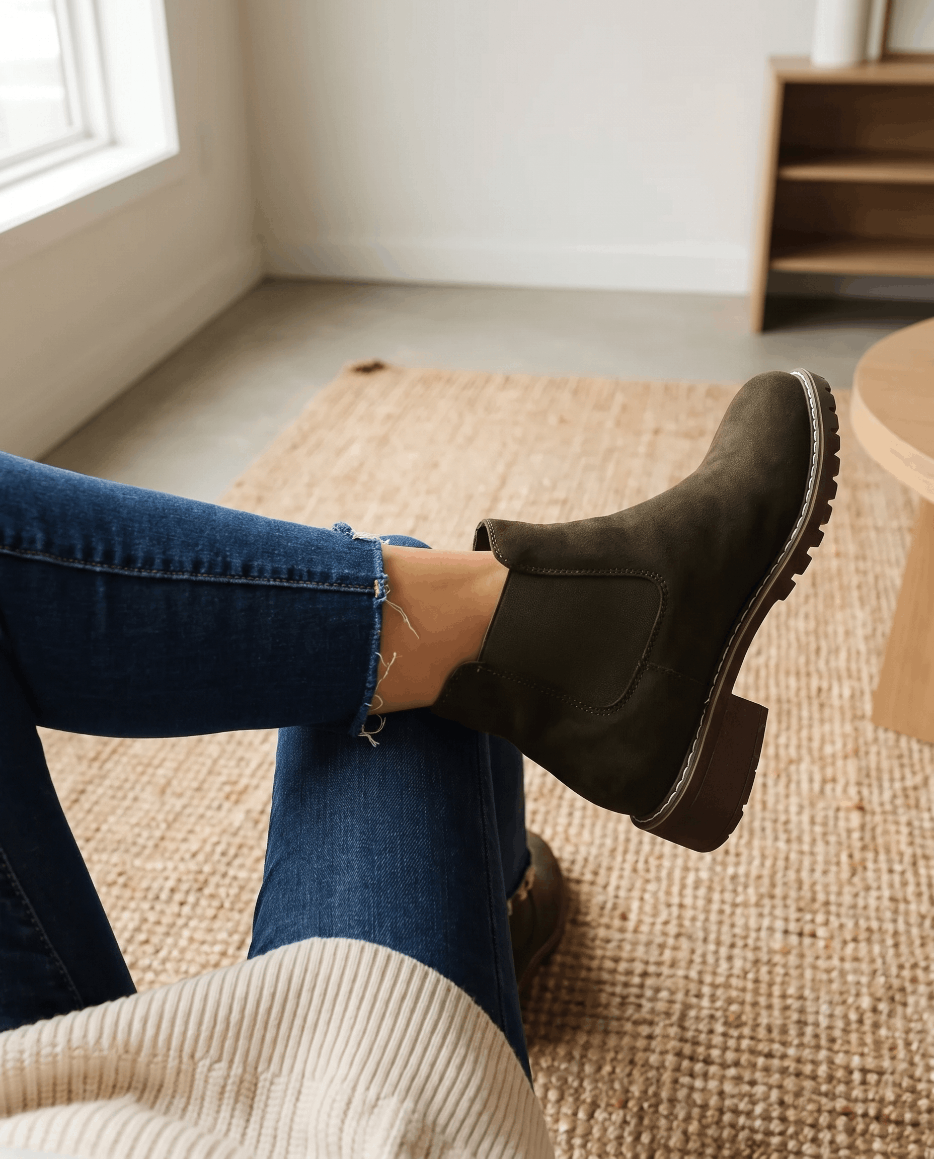 Green vegan suede Chelsea boots with elastic side panels, a stitched welt, and a chunky lug outsole worn with blue jeans.