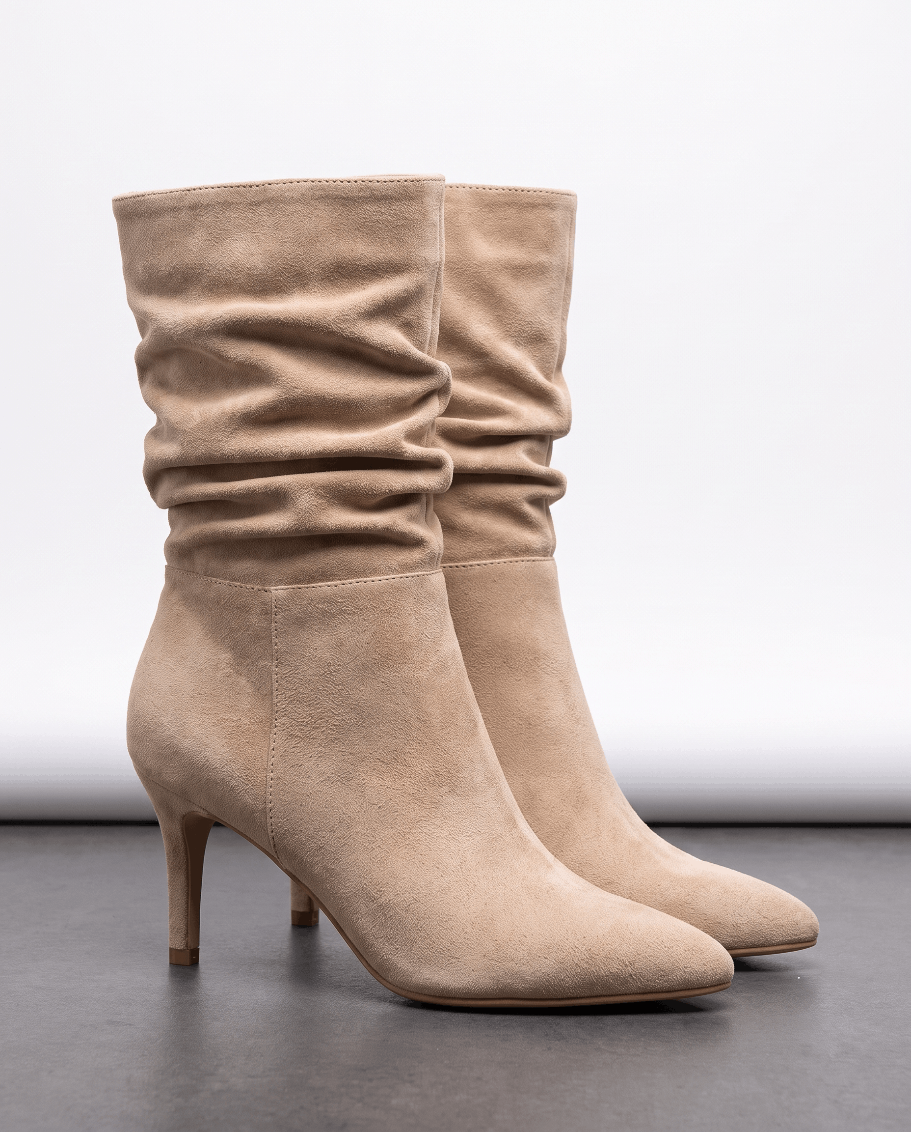 Light beige vegan suede mid-calf boots with a slouched shaft, almond toe, and slim flared heel on a dark surface.