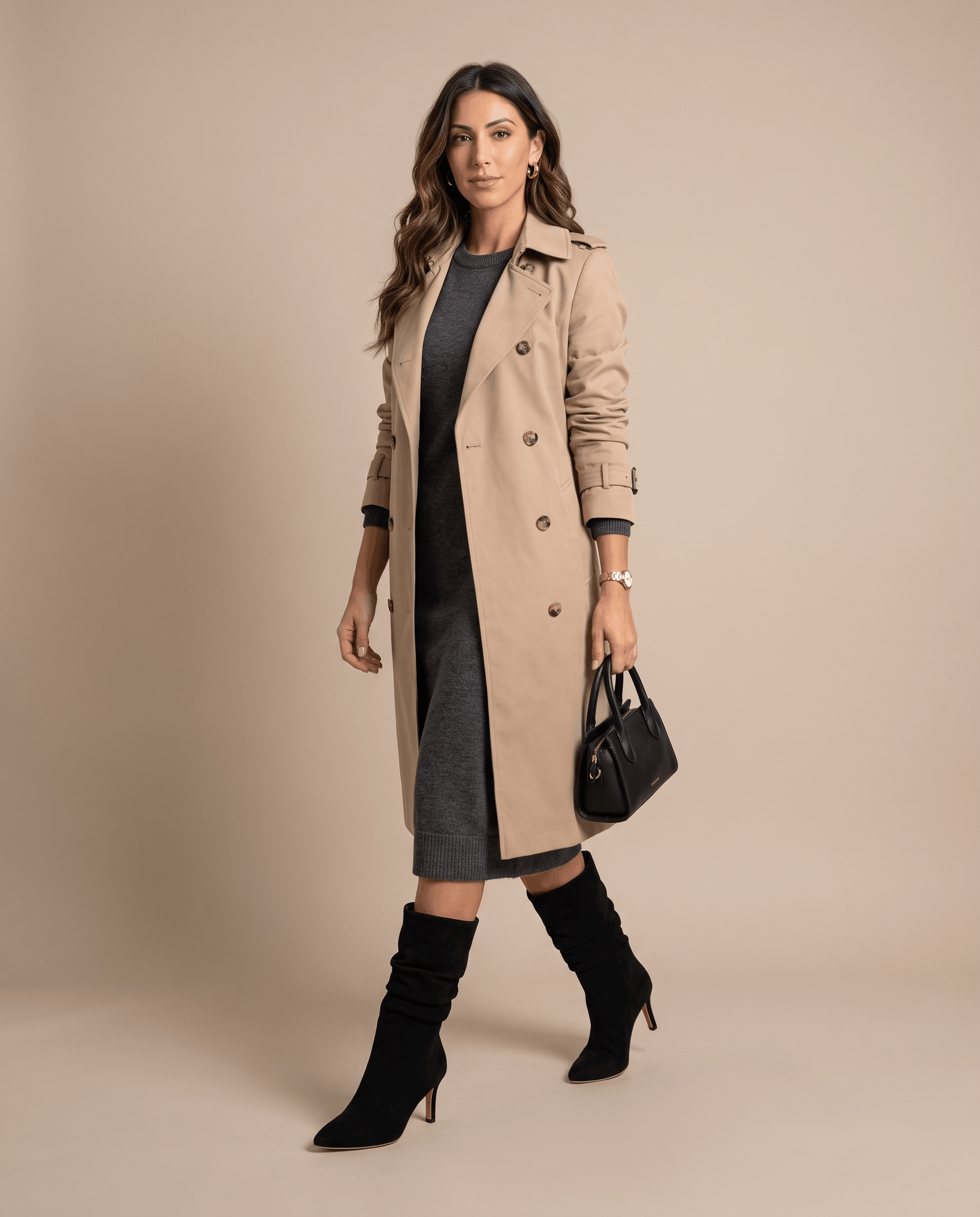 Black vegan suede mid-calf boots with almond toes and slim flared heels and a soft slouchy shaft, worn with a trench coat.