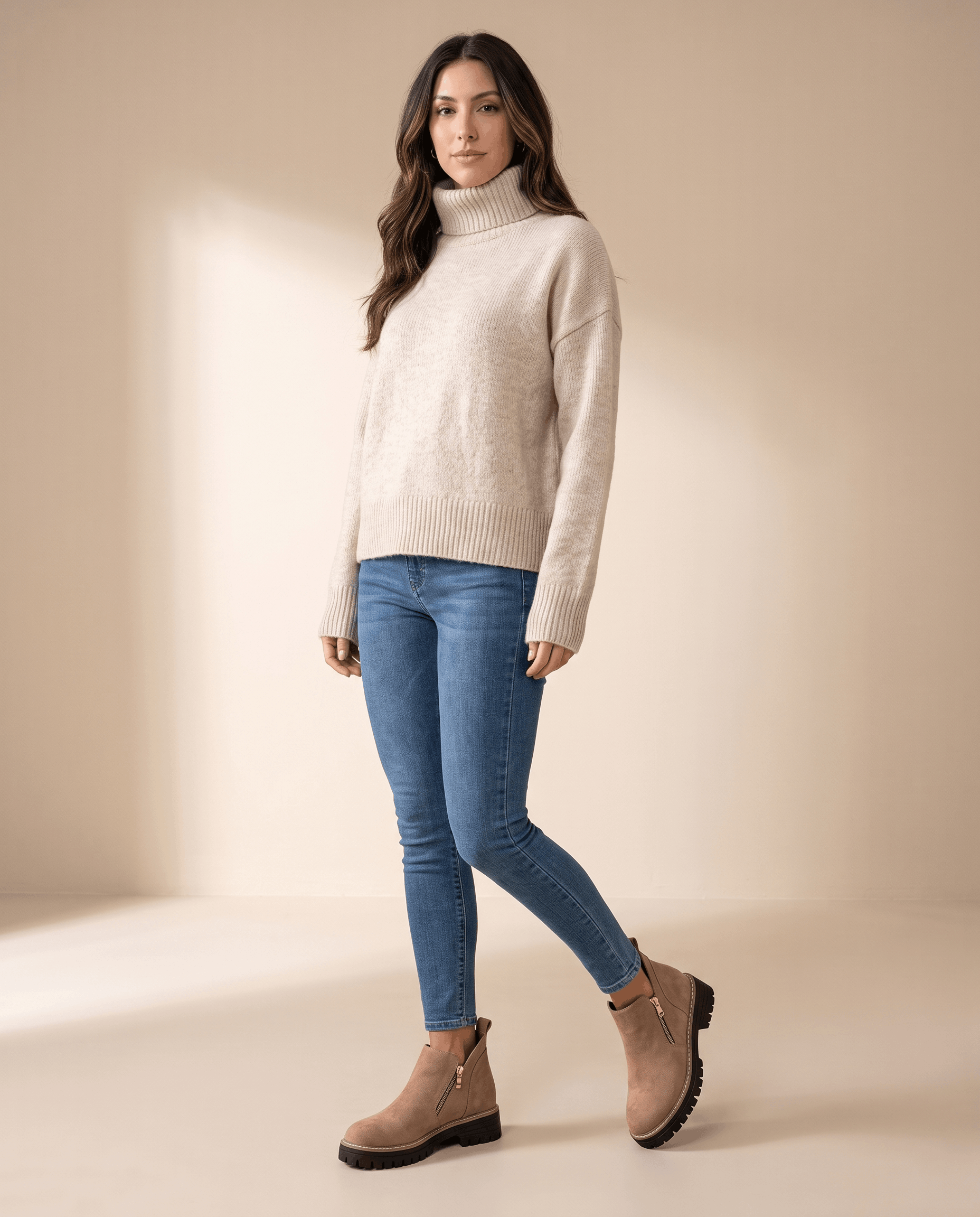 Tan vegan suede ankle boots with side zips and chunky lug platform wedge soles worn with blue skinny jeans.
