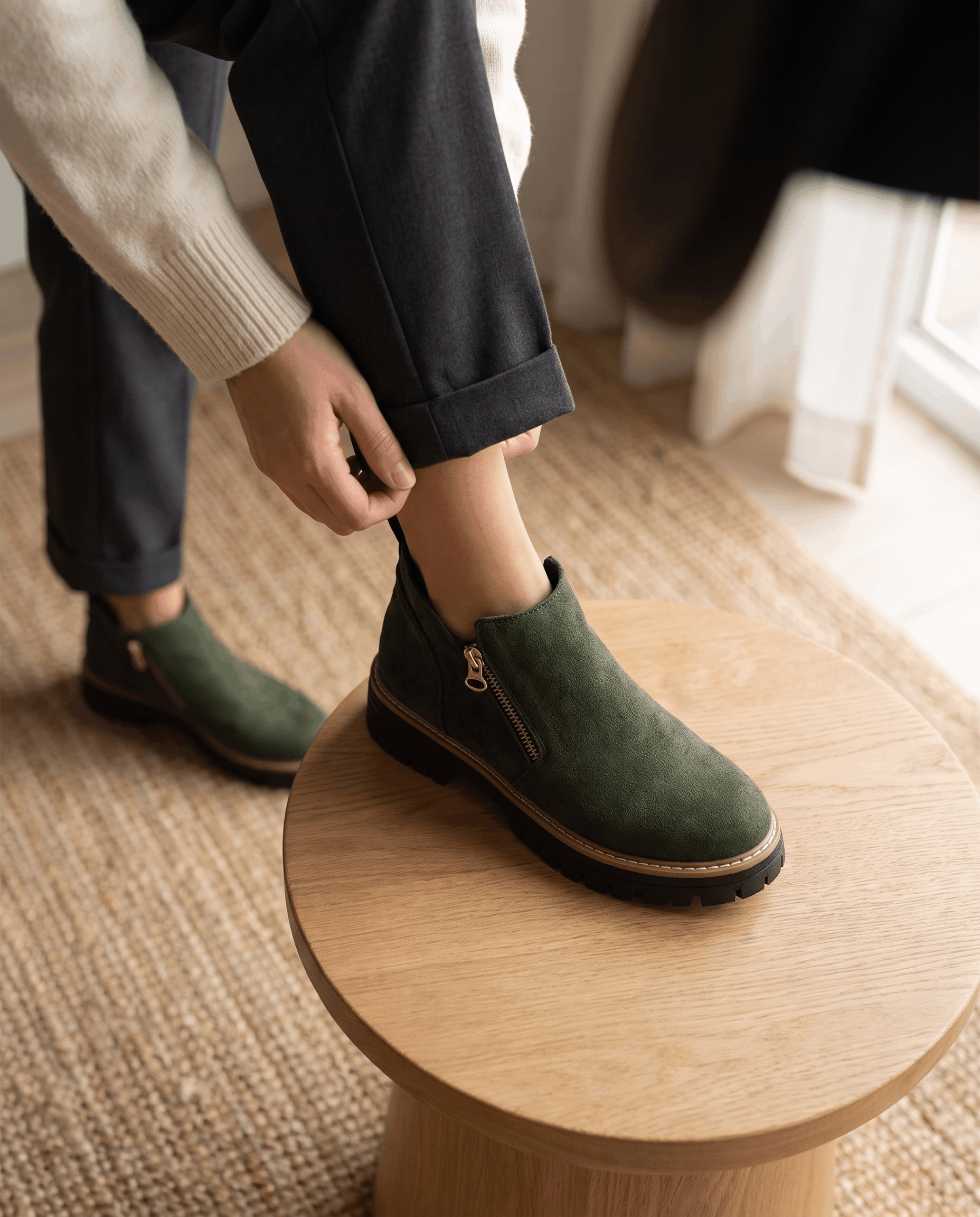 Green vegan suede ankle boots with a side zip, chunky lug platform, and cushioned wedge sole worn with cuffed trousers.