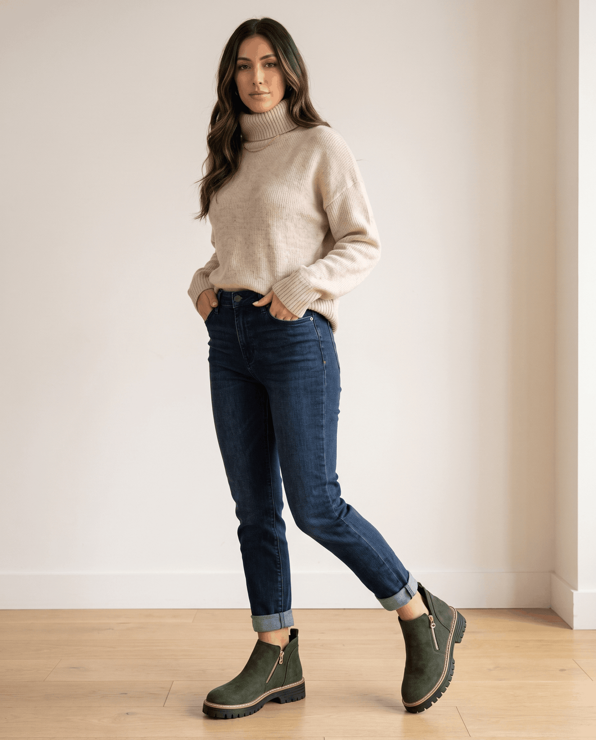 Green vegan suede ankle boots with side zips and chunky lug platform soles worn with cuffed dark denim jeans.