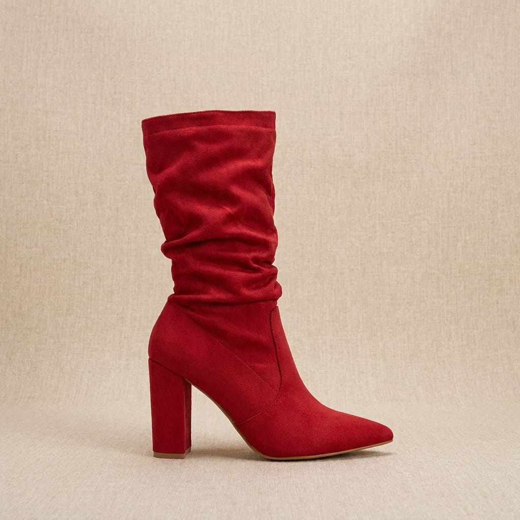 Red vegan suede slouchy mid-calf boots with pointed toes and block heels.