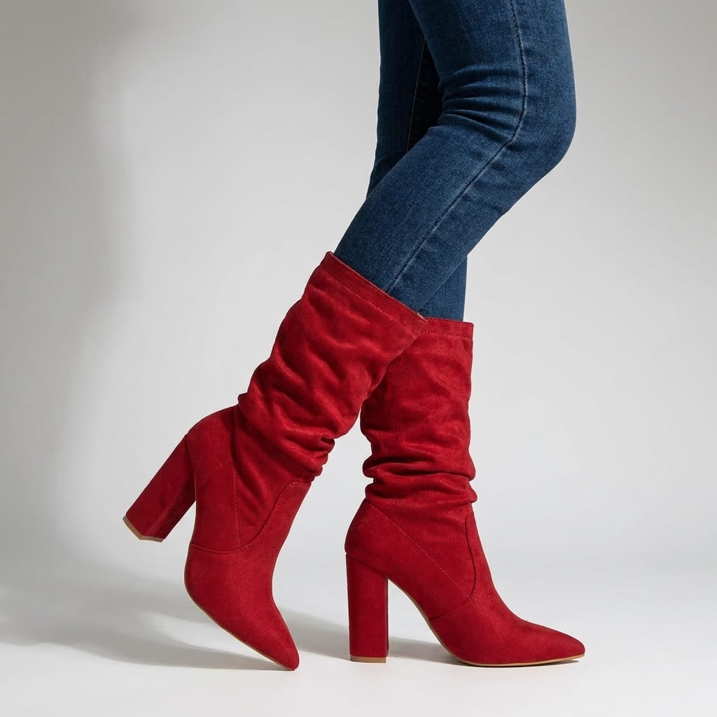 Woman wearing red vegan suede slouchy mid-calf boots with blue jeans.