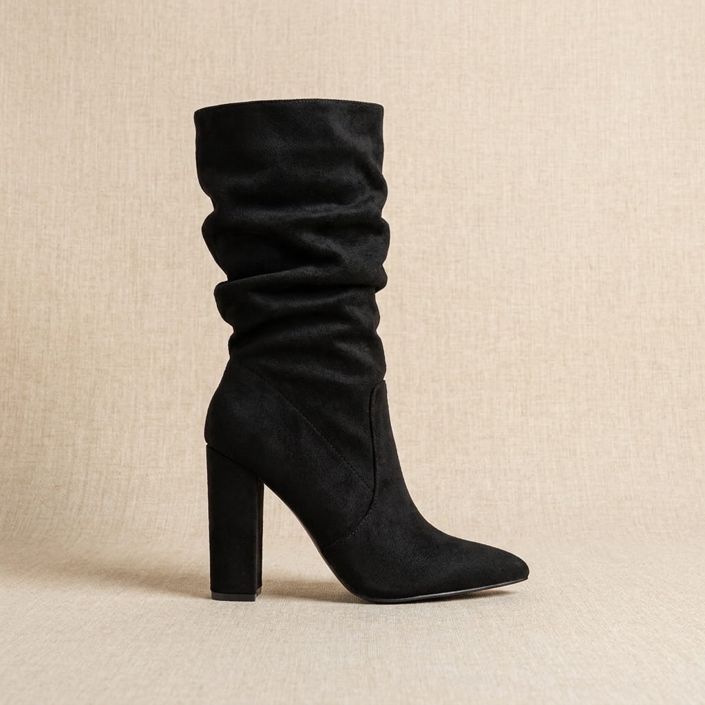 Black vegan suede slouchy mid-calf boots with pointed toes and high block heels.