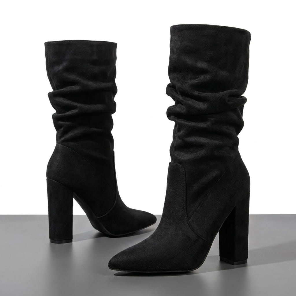 Pair of black vegan suede slouchy mid-calf boots displayed against a beige background.