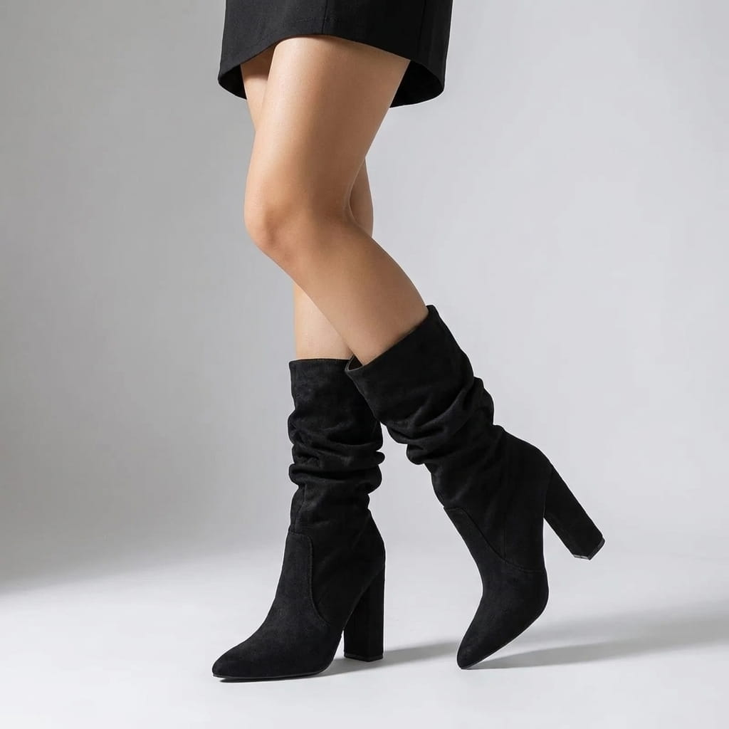 Woman wearing black vegan suede mid-calf boots with a short black skirt.