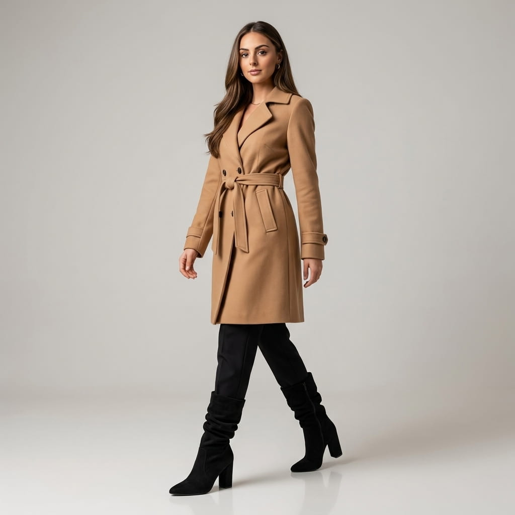 Woman wearing a tan coat with black vegan suede mid-calf boots.