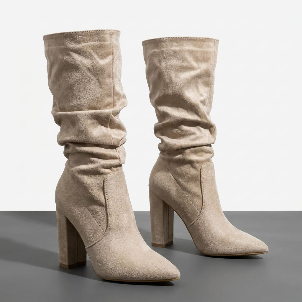 Pair of beige vegan suede slouchy mid-calf boots with pointed toes and block heels.