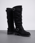 Black vegan suede knee-high boots with a slouched shaft, round toe, low stacked heel, and twin silver ring straps.