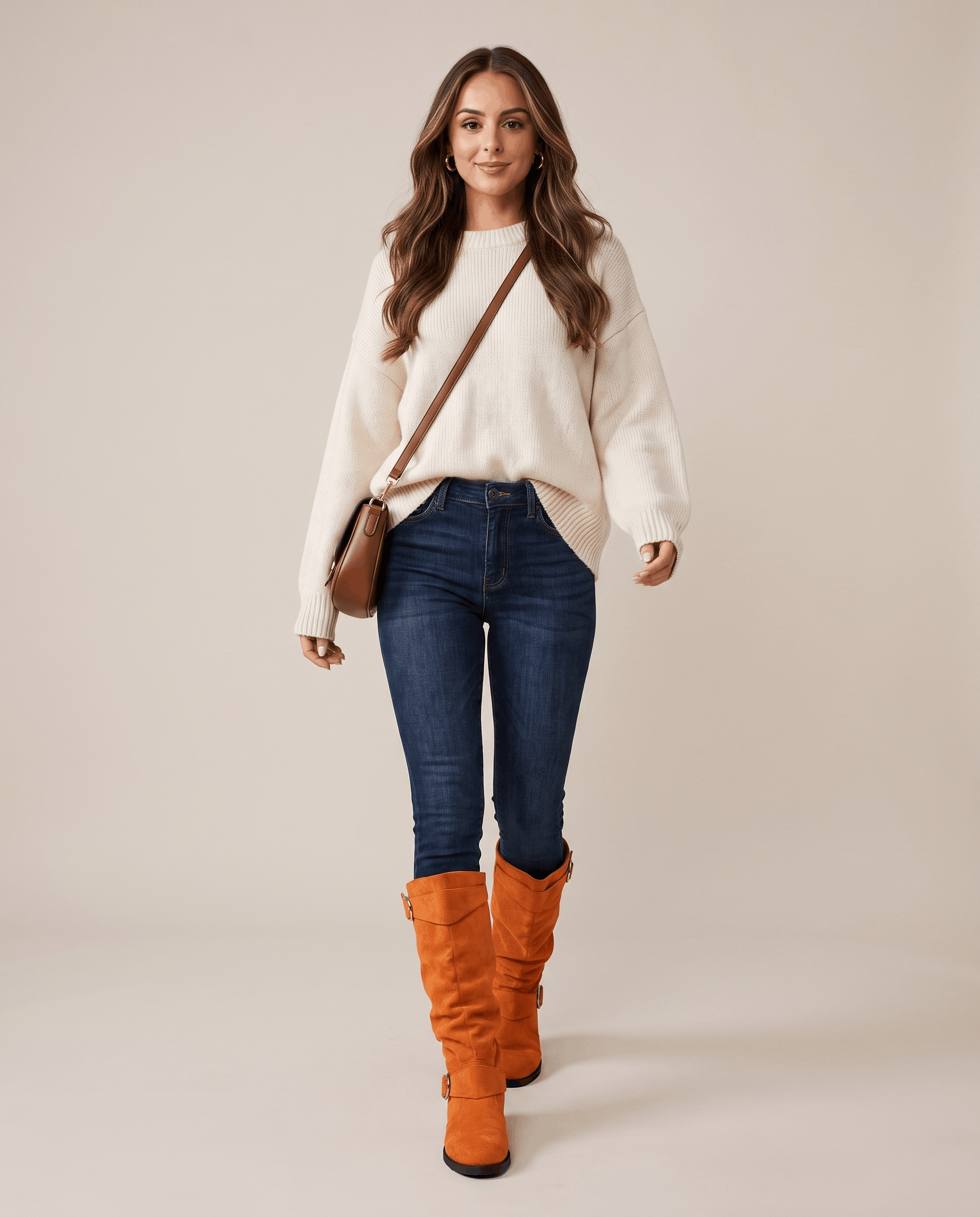 Orange vegan suede knee-high boots with a slouched shaft, twin ring straps, and a low stacked heel worn with blue jeans.