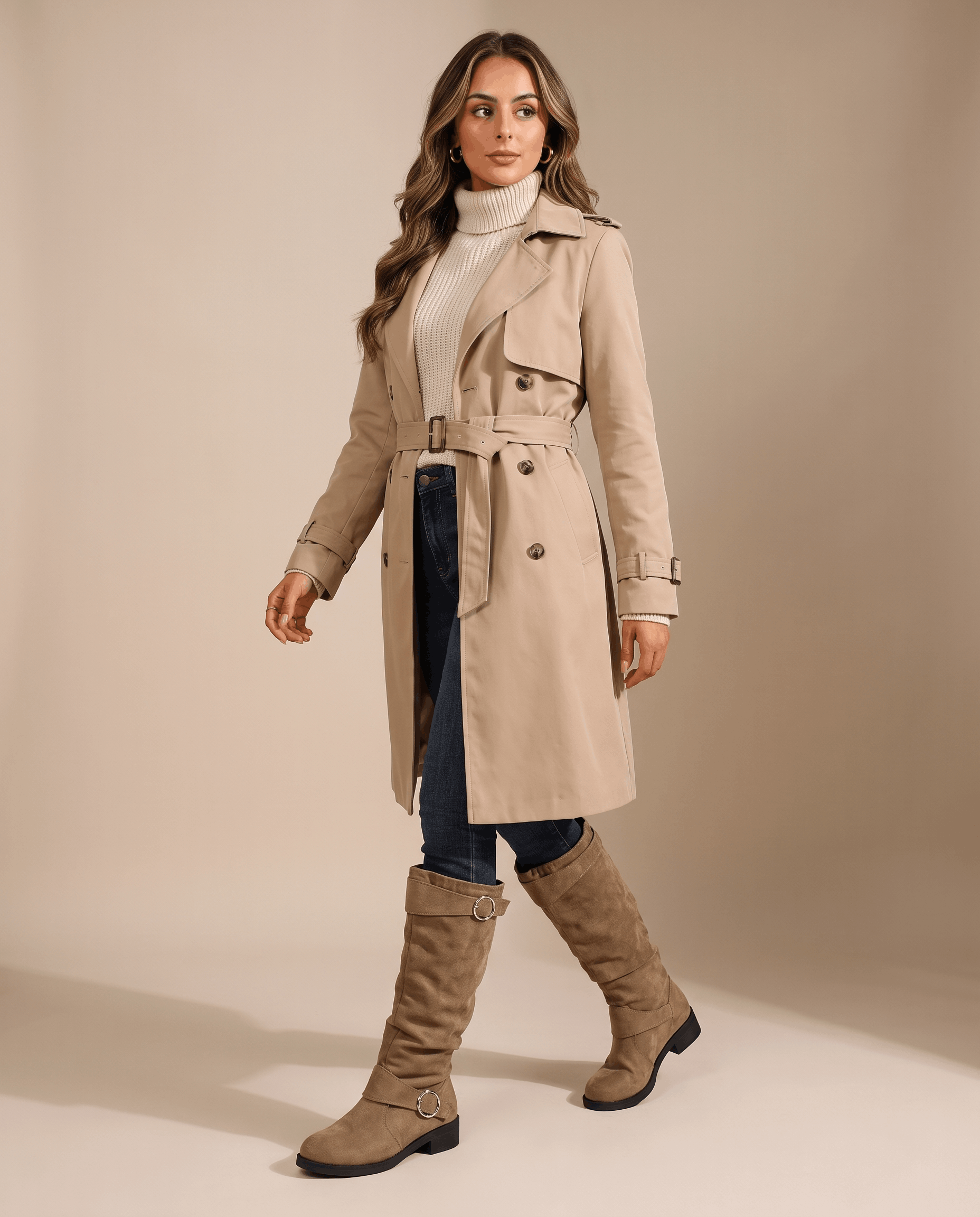Brown vegan suede knee-high boots with a slouched shaft, twin ring straps, and a low heel worn with jeans and a trench.