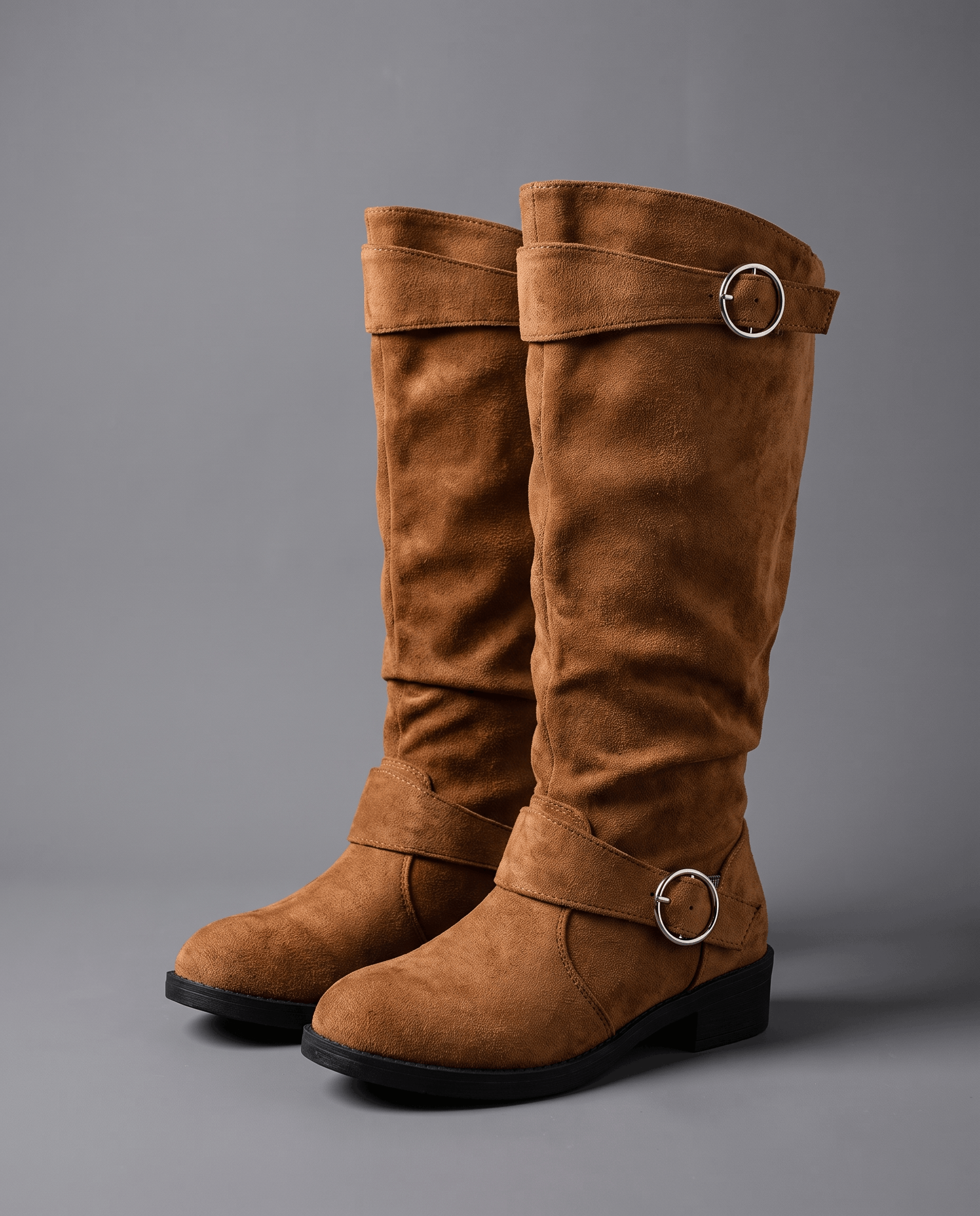 Dark brown vegan suede knee-high boots with a slouched shaft, round toe, low heel, and twin silver ring strap accents.