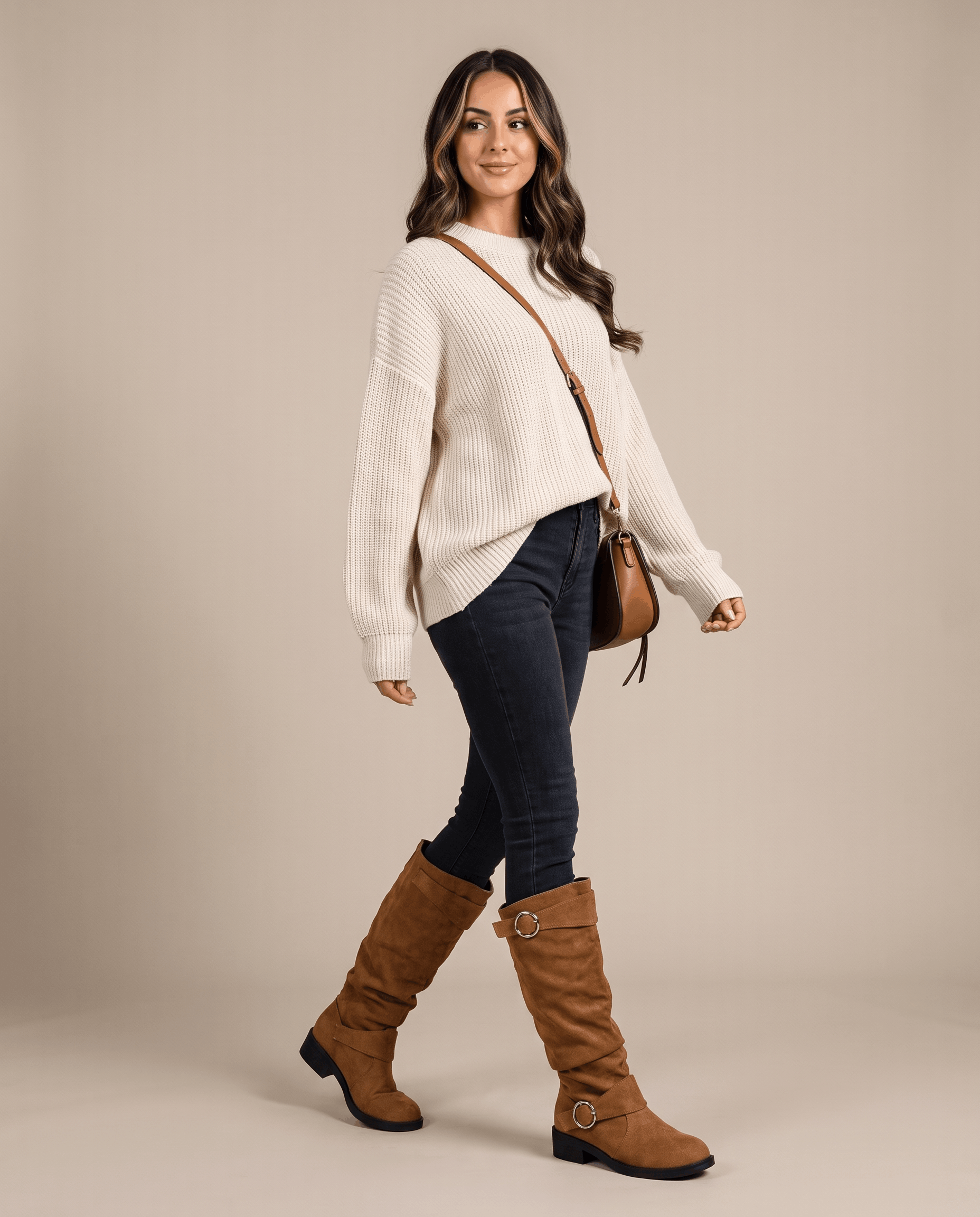 Dark brown vegan suede knee-high boots with a slouched shaft, twin ring straps, and a low heel worn with dark jeans.