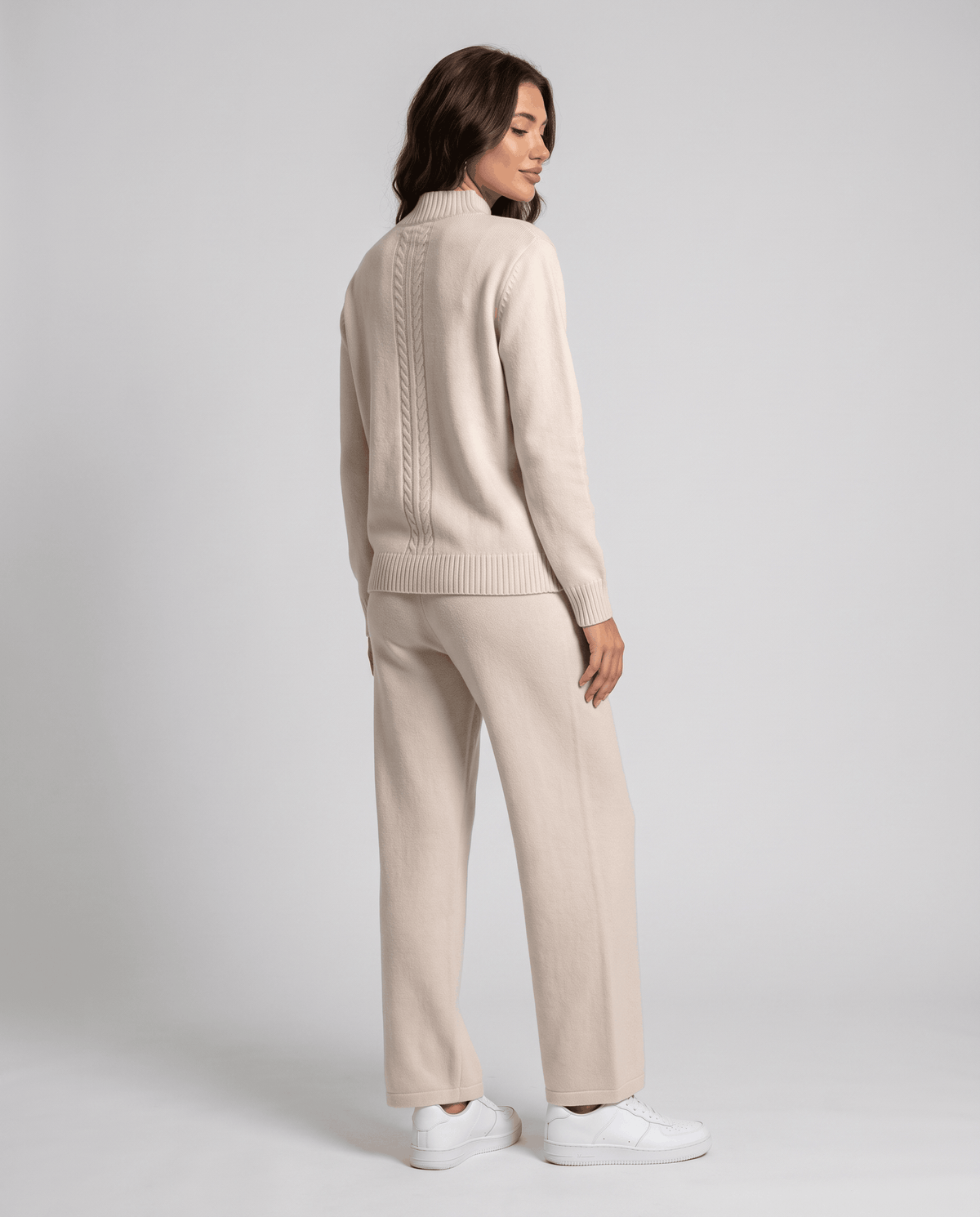 Beige wool loungewear set, back view with straight-leg pants