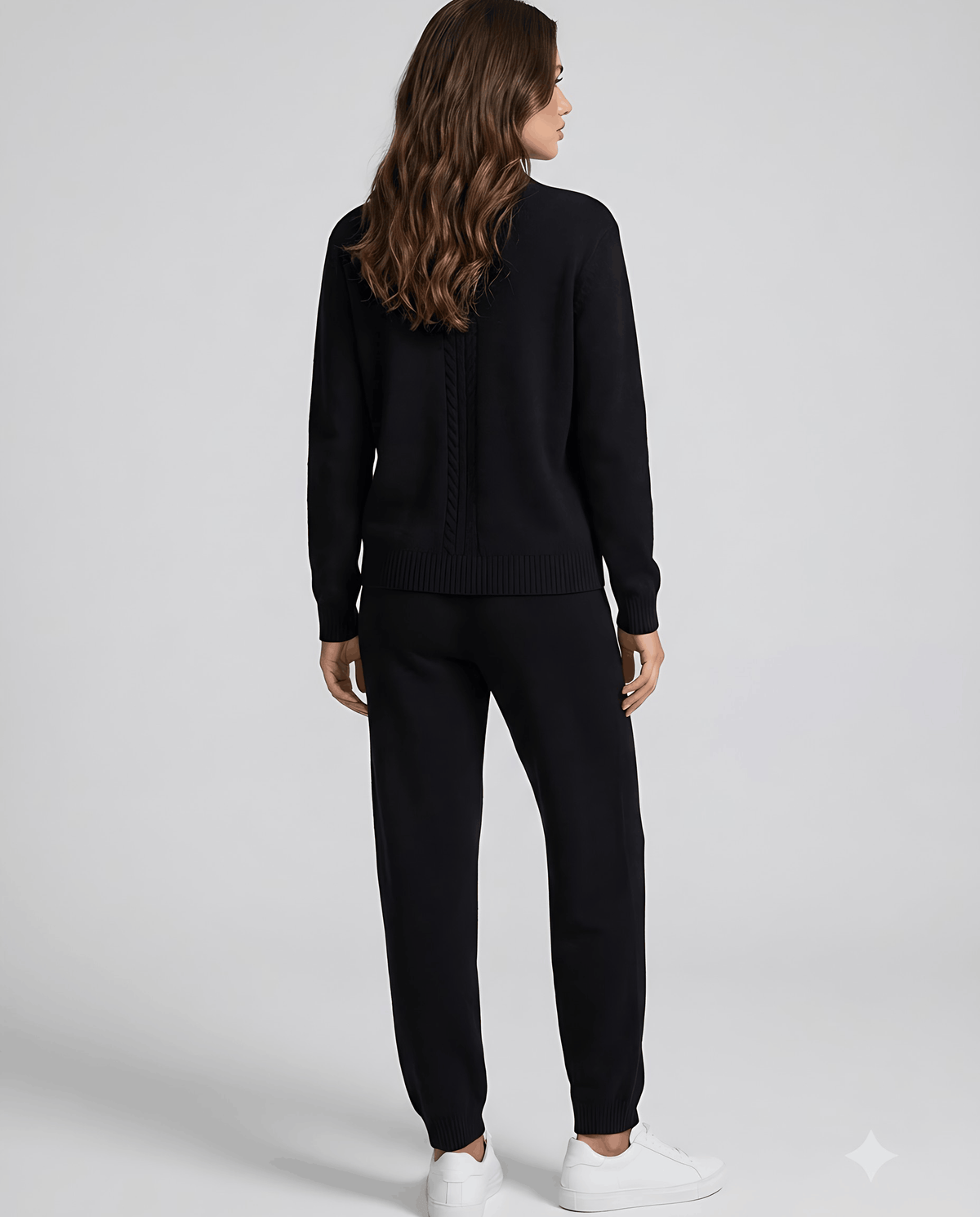 Black wool mock-neck pullover, back view