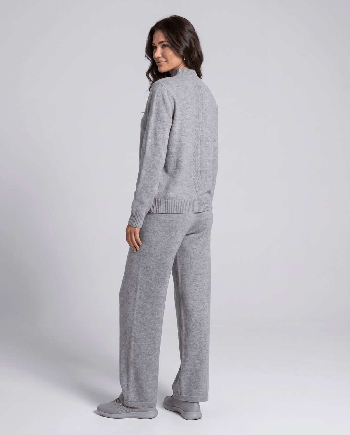 Gray wool loungewear set, back view with straight-leg pants