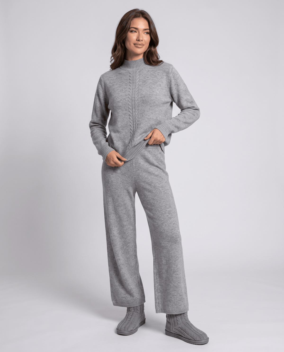 Gray wool loungewear set with a mock-neck cable knit pullover, front view