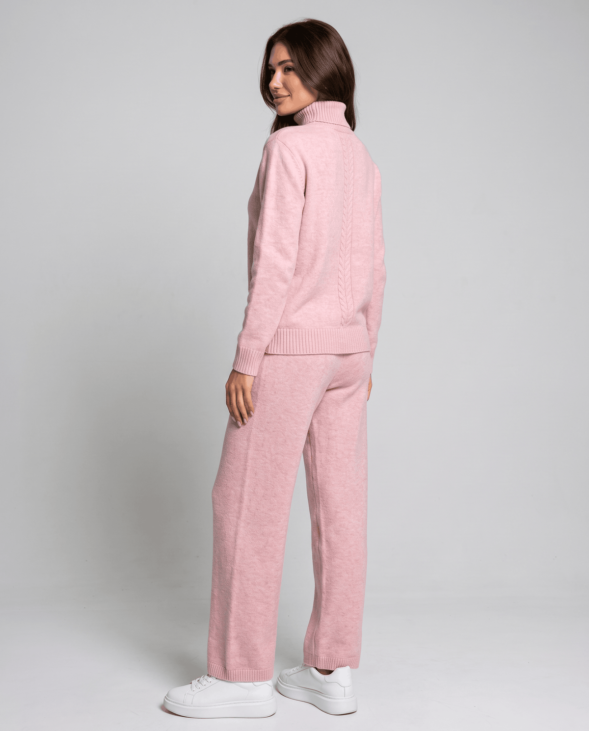 Pink wool mock-neck pullover, back view