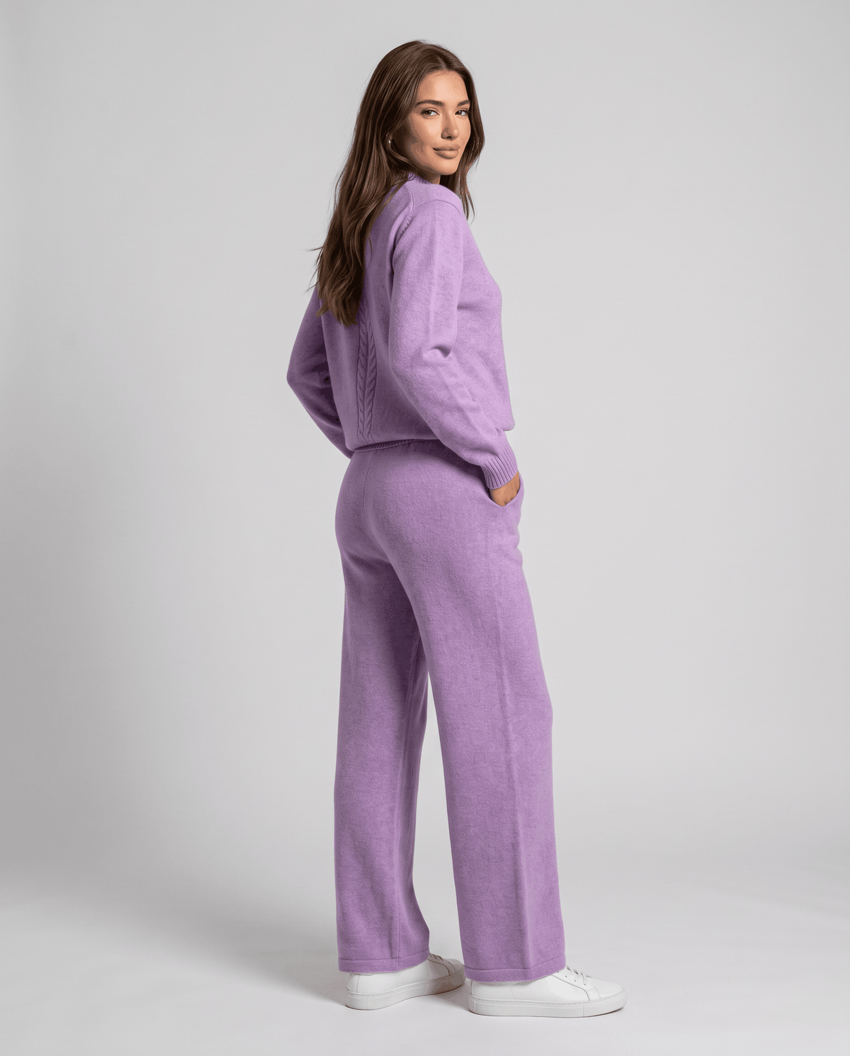 Purple wool loungewear set, three-quarter back view with hand in pocket