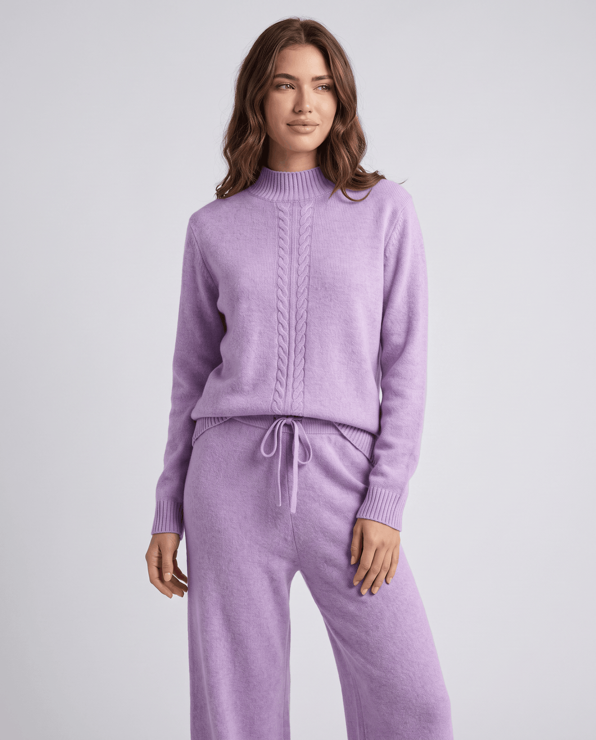 Purple wool loungewear set, front view of the mock-neck pullover and drawstring pants