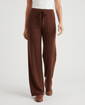 Wool wide-leg pants in brown, front view with drawstring tie and patch pockets
