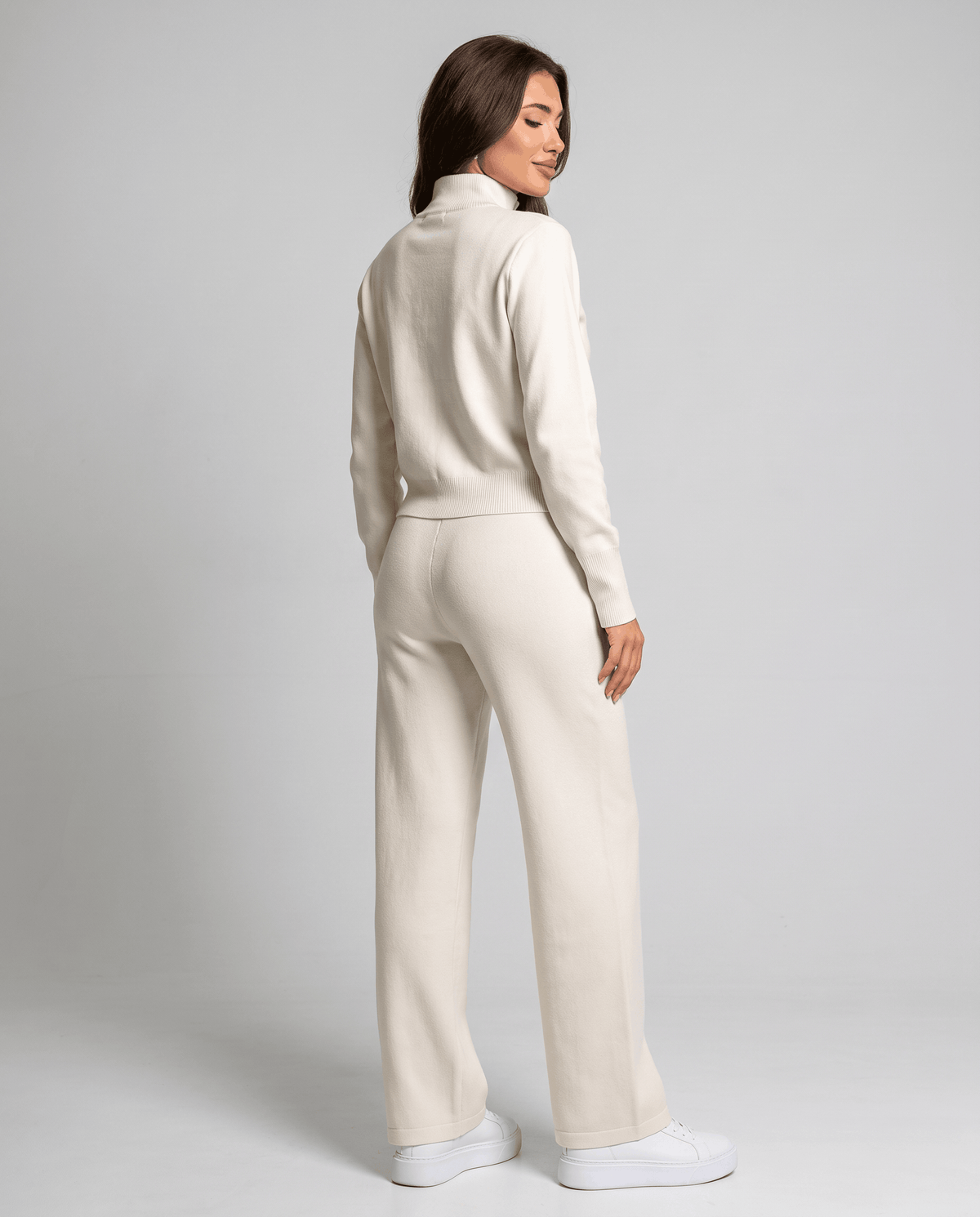 Beige knit cardigan lounge set, back view with wide-leg pants