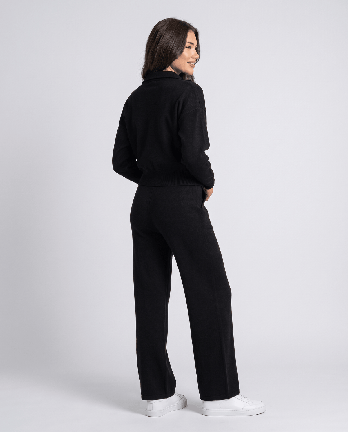 Black knit cardigan lounge set, back view with wide-leg pants