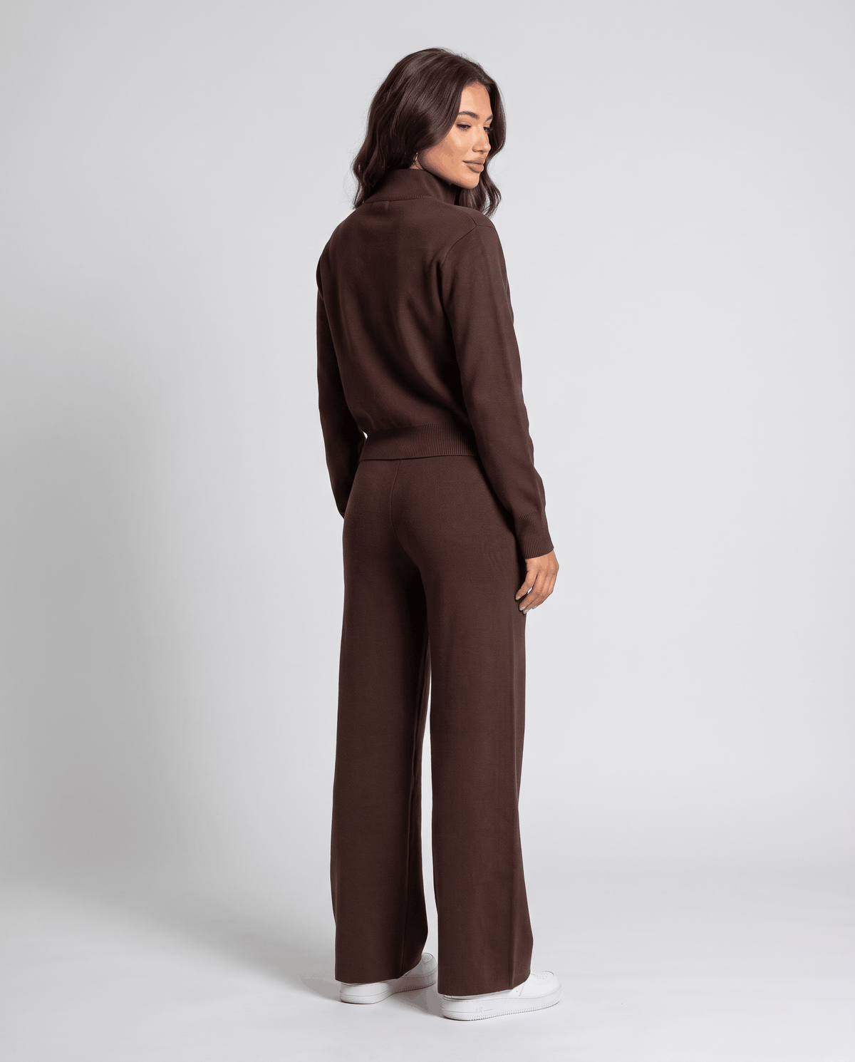 Brown knit cardigan lounge set, back view with wide-leg pants