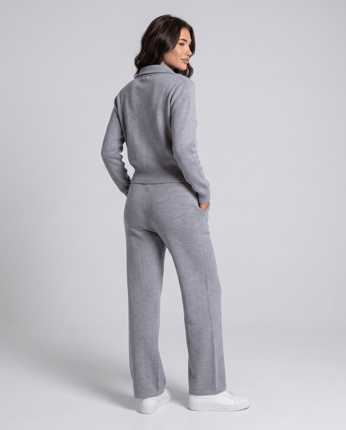 Gray knit cardigan lounge set, back view of the collared top