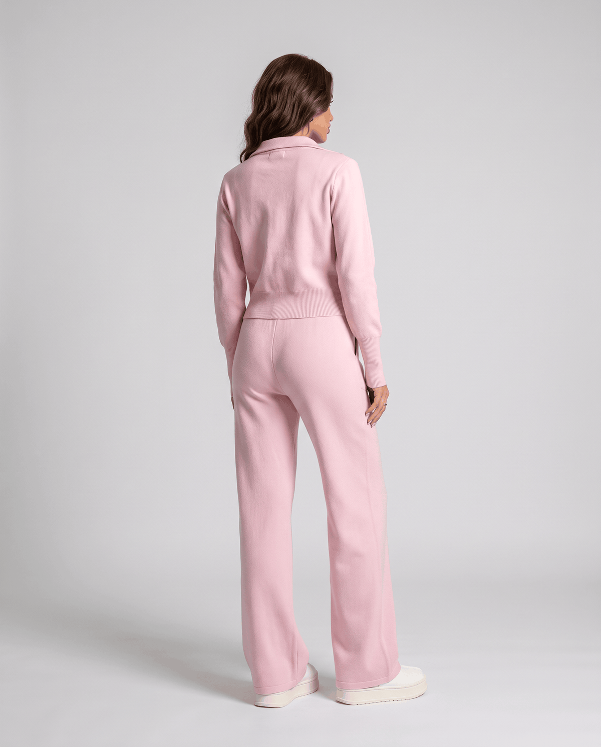 Light pink knit cardigan lounge set, back view of the cropped top