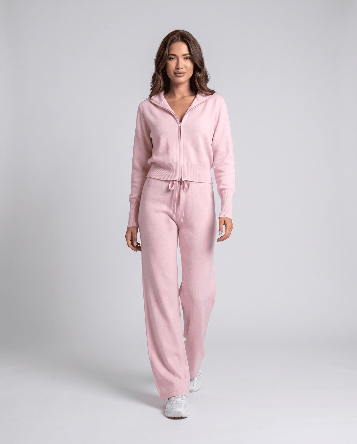 Light pink knit cropped zip-up cardigan and wide-leg pants lounge set, front view